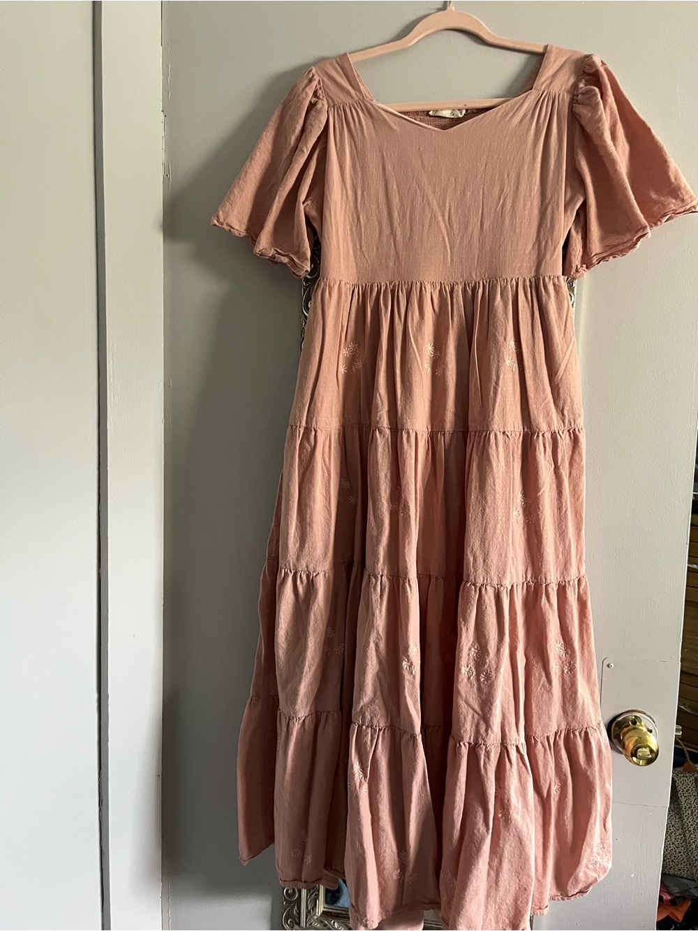 Pleated Tiered Maxi Dress in Dusty Rose with Short Flutter Sleeves